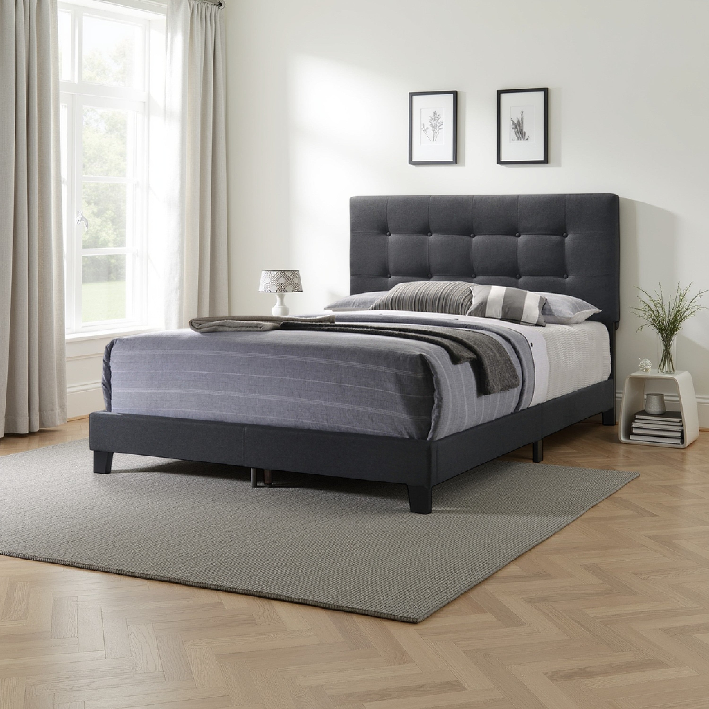 Benjara Queen Size Bed with Square Button Tufted Headboard, Dark Gray