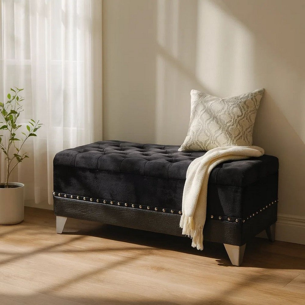 Benjara Leatherette Storage Bench with Nailhead Trims And Button Tufted Seat, Black