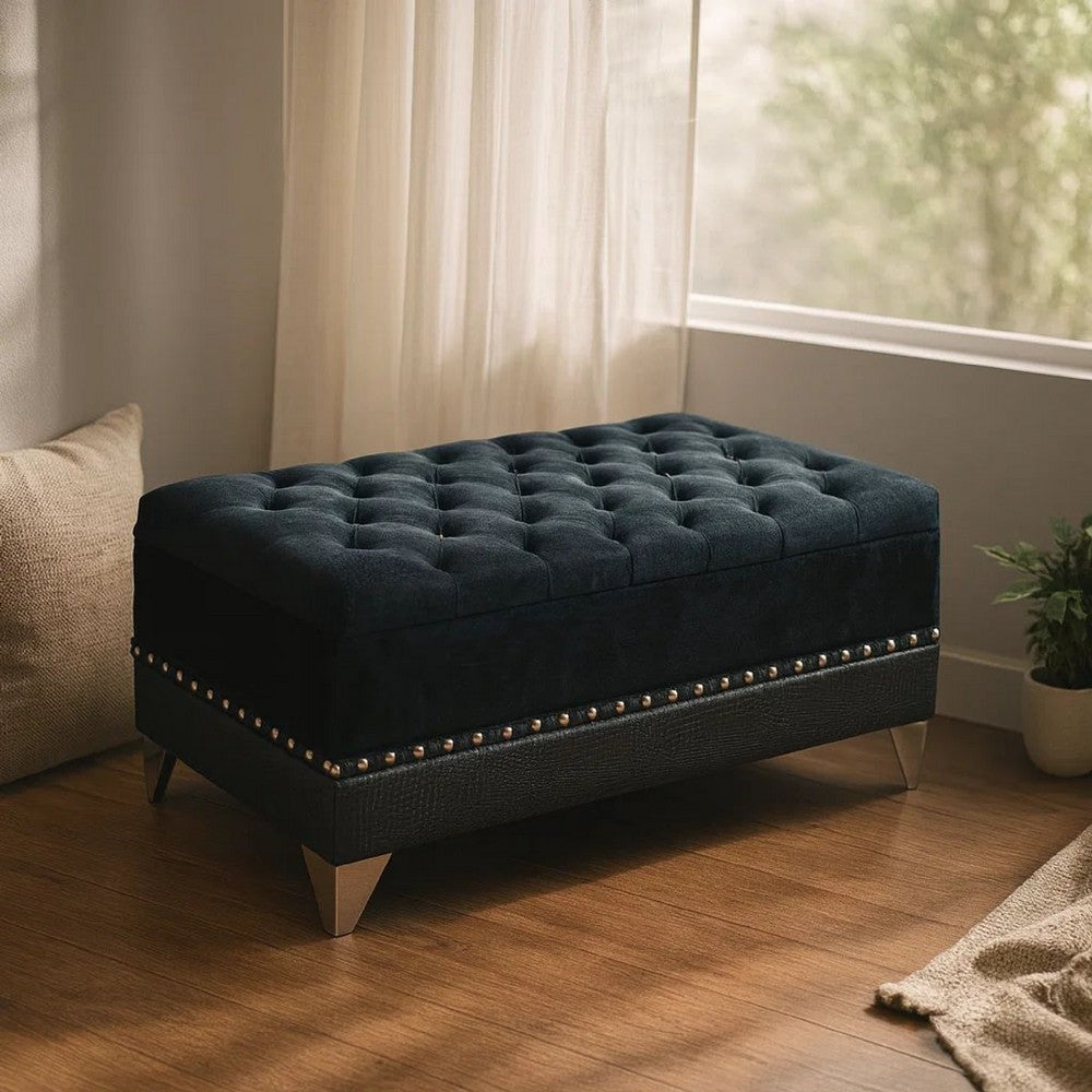 Benjara Leatherette Storage Bench with Nailhead Trims And Button Tufted Seat, Black
