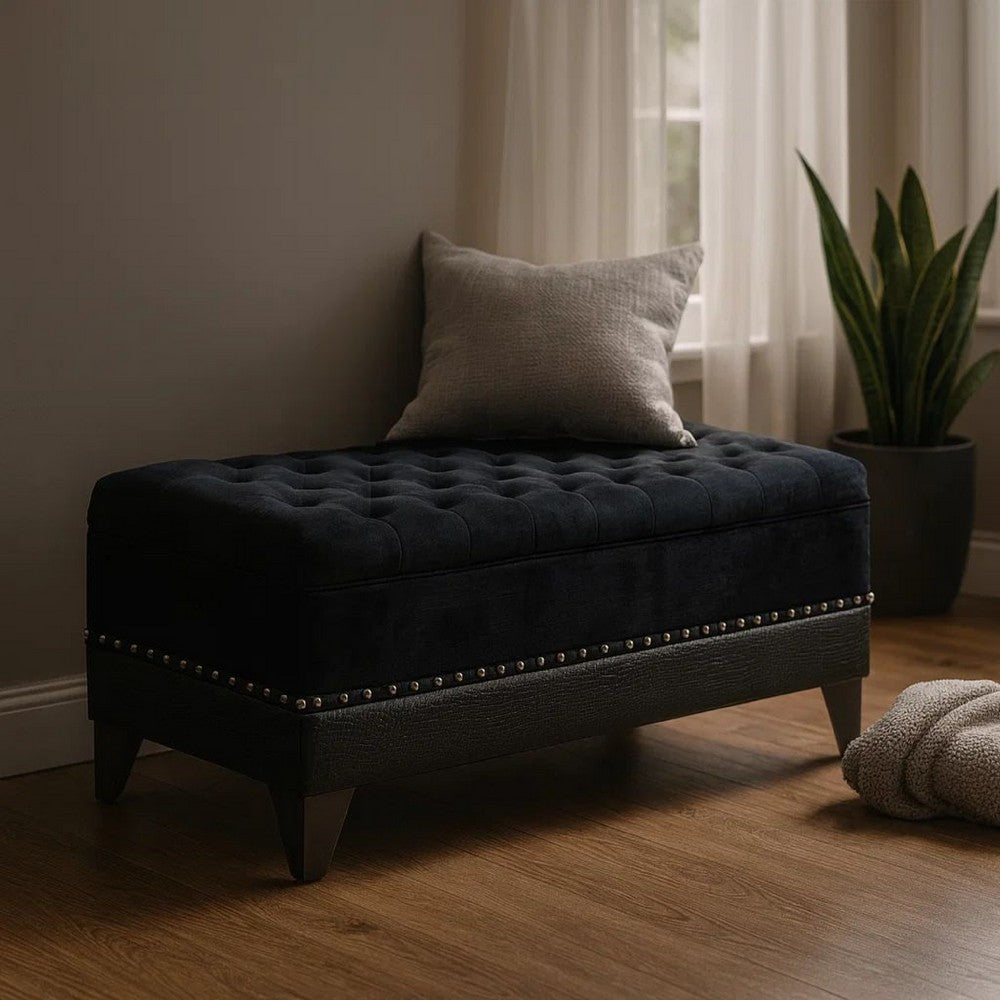 Benjara Leatherette Storage Bench with Nailhead Trims And Button Tufted Seat, Black