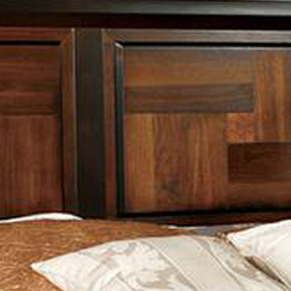 Benjara Transitional Style Queen Size Wooden Parquet Design Bed, Brown