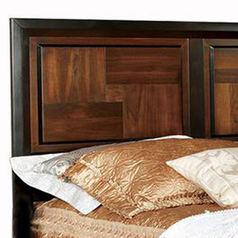 Benjara Transitional Style Queen Size Wooden Parquet Design Bed, Brown
