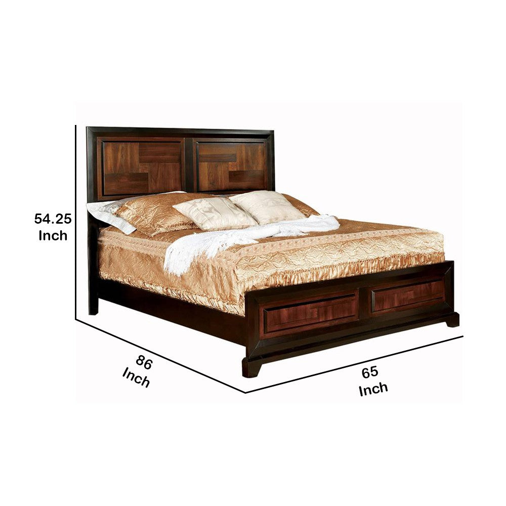 Benjara Transitional Style Queen Size Wooden Parquet Design Bed, Brown