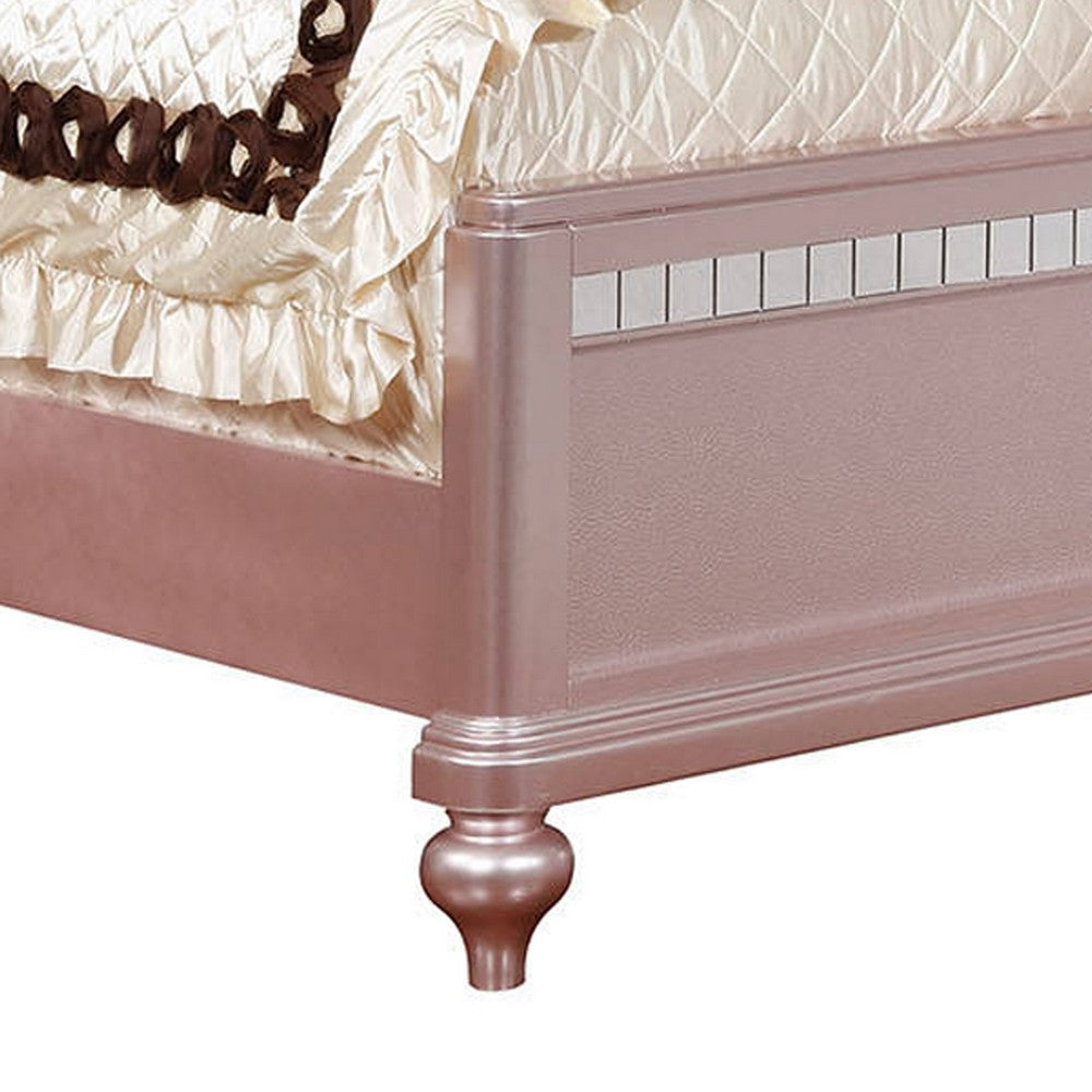Benjara Contemporary Queen Size Wooden Bed With Mirror Trim Details, Pink