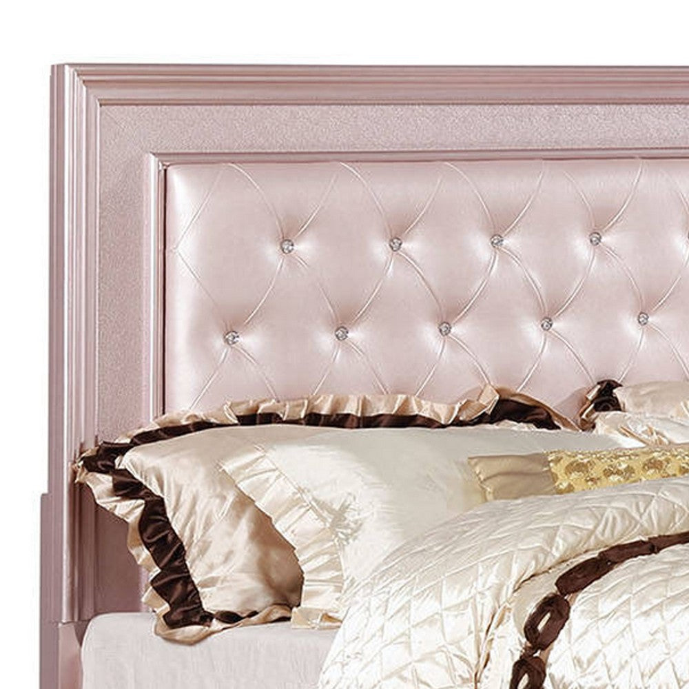 Benjara Contemporary Queen Size Wooden Bed With Mirror Trim Details, Pink