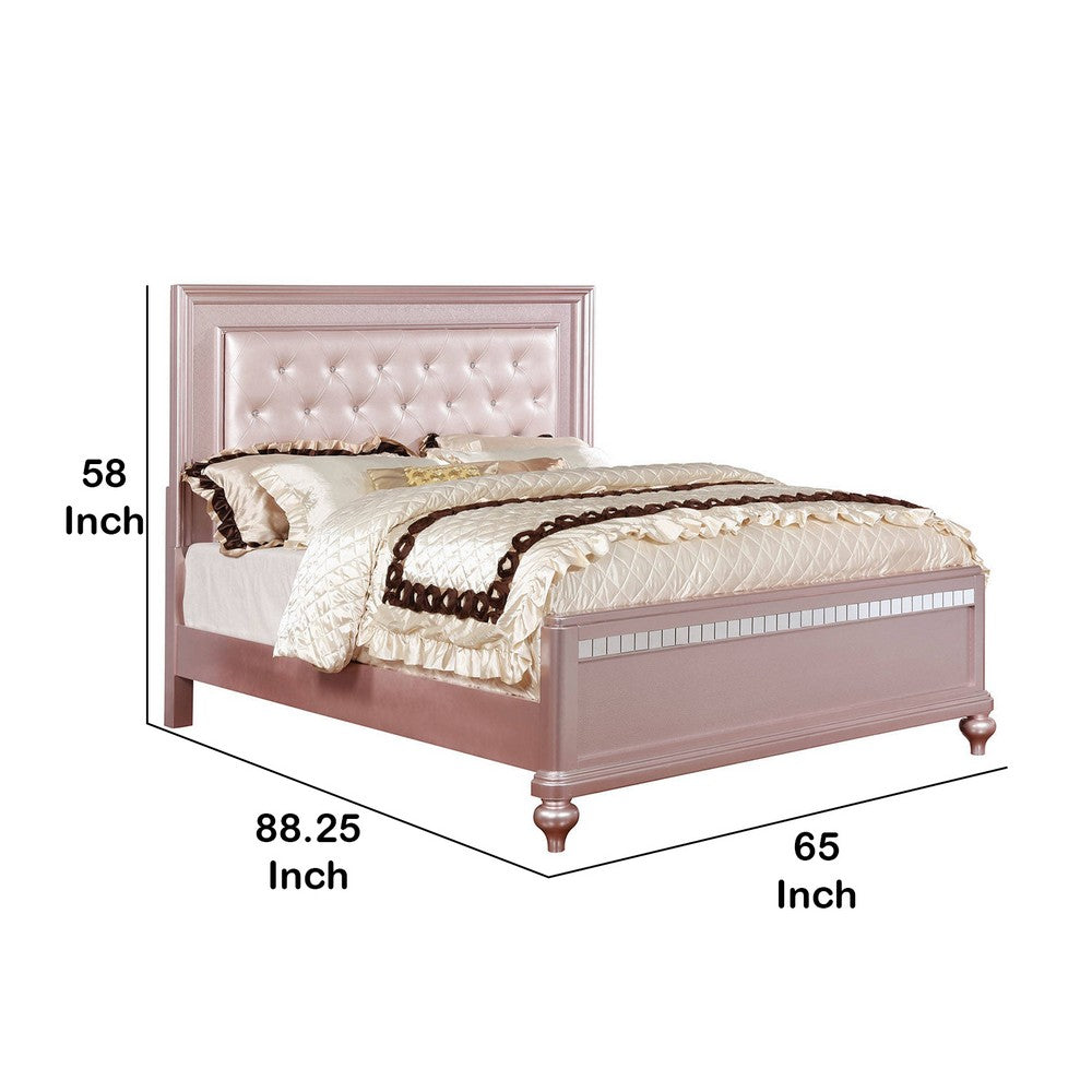 Benjara Contemporary Queen Size Wooden Bed With Mirror Trim Details, Pink