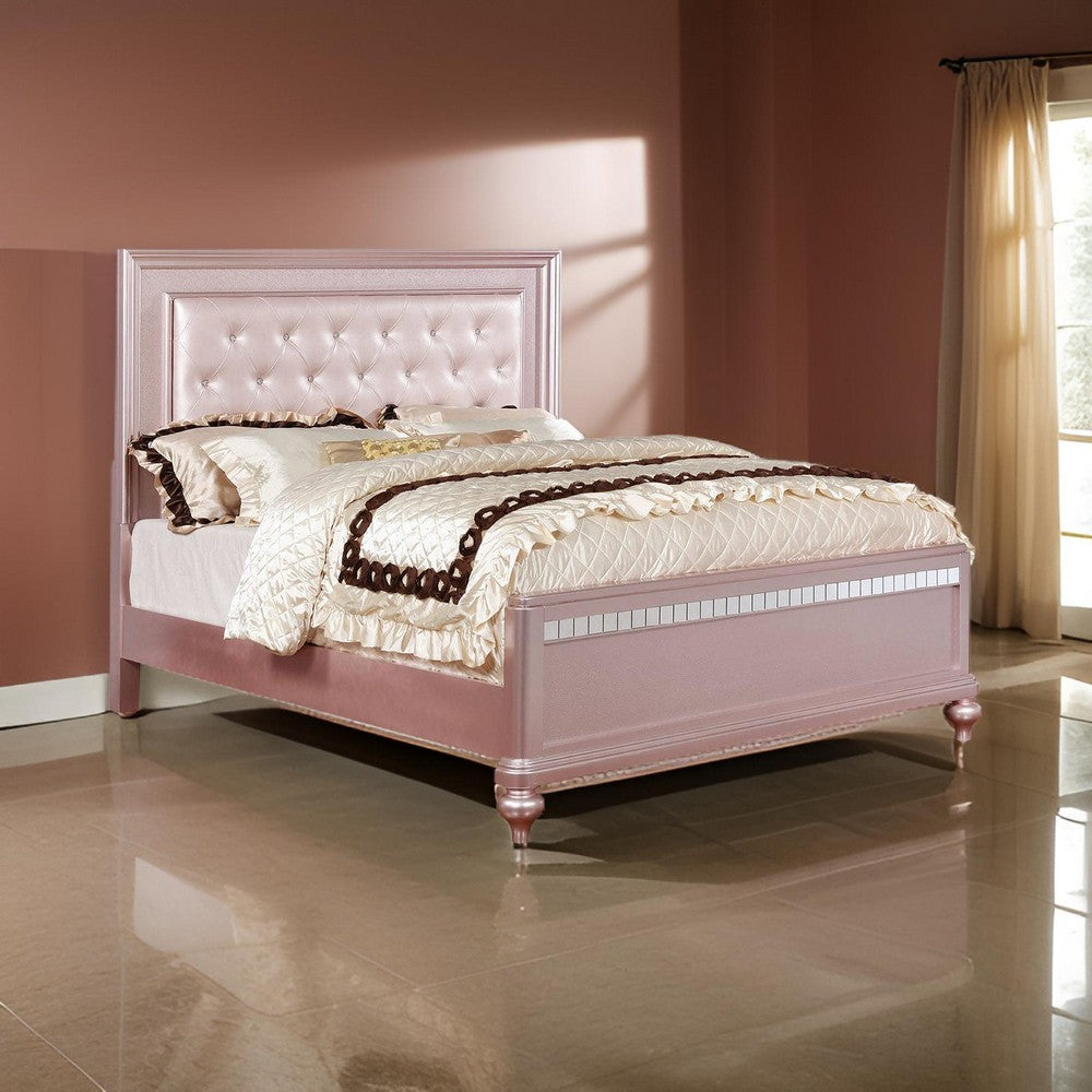 Benjara Contemporary Queen Size Wooden Bed With Mirror Trim Details, Pink