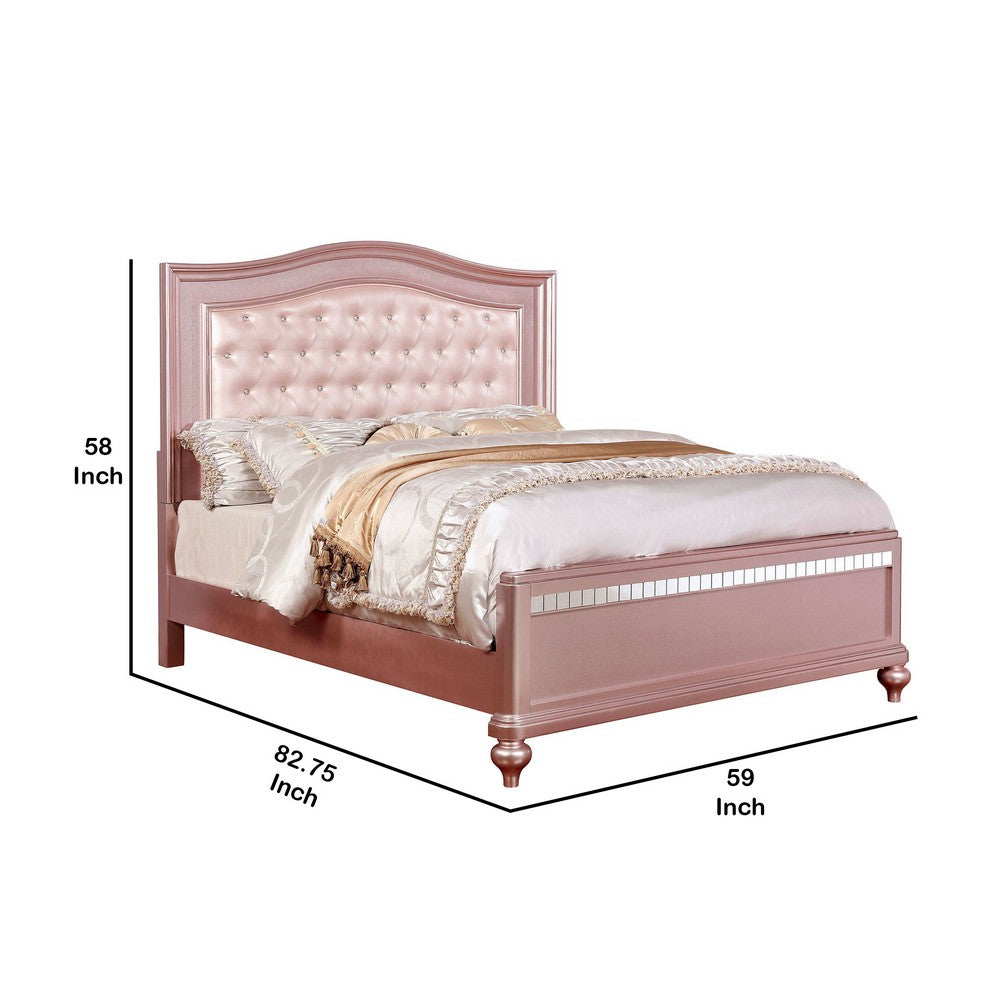 Benjara Full Size Wooden Bed With Mirror Trim Details And Camelback Headboard, Pink