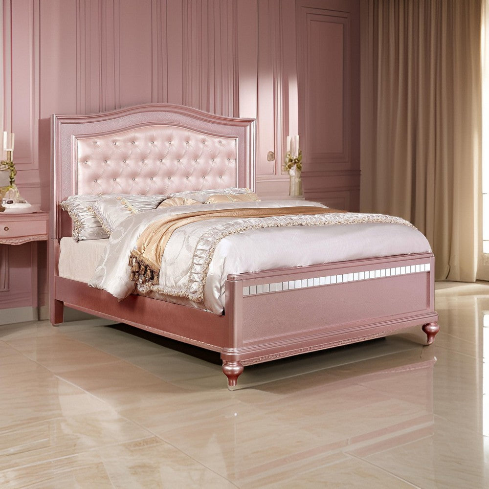 Benjara Full Size Wooden Bed With Mirror Trim Details And Camelback Headboard, Pink