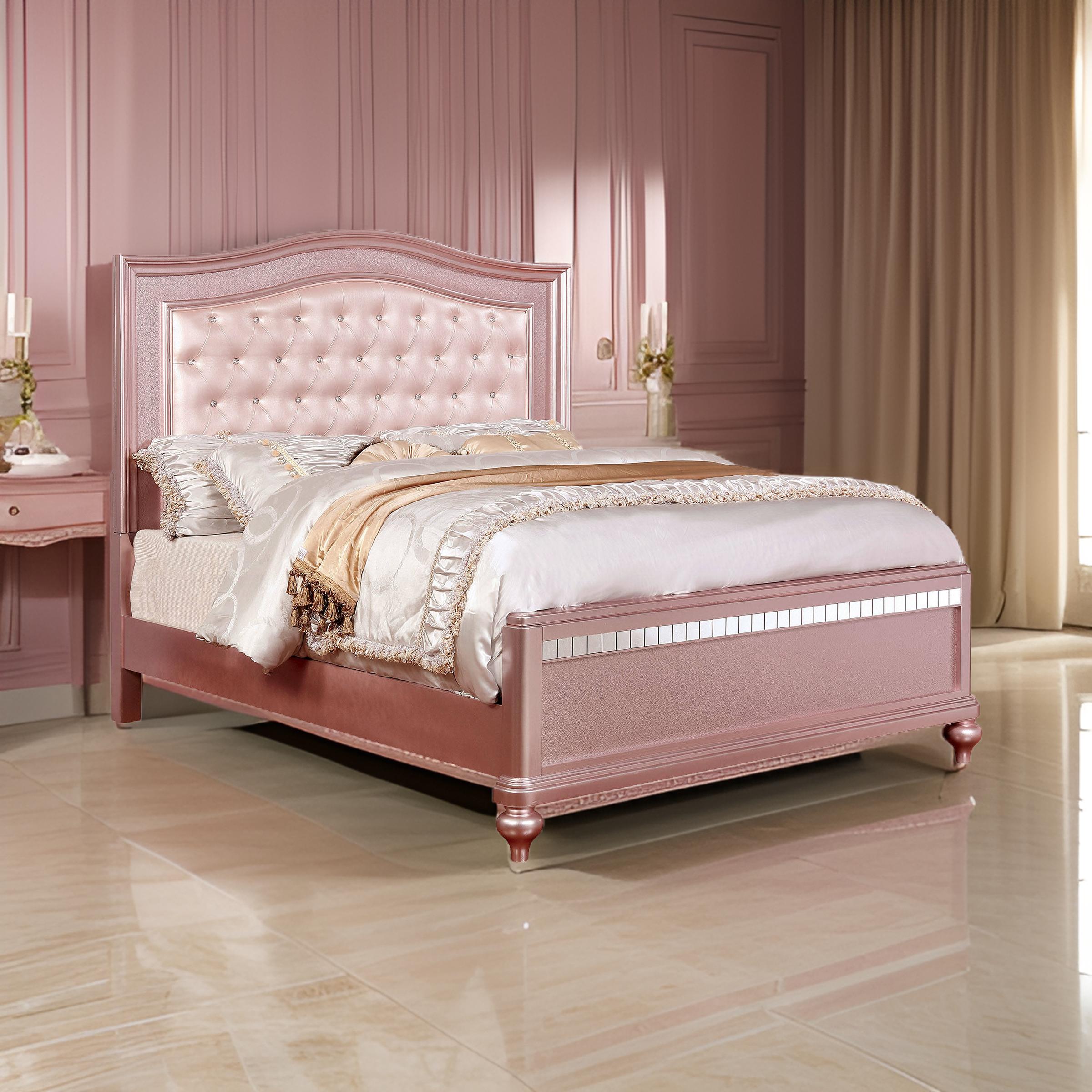 Benjara Full Size Wooden Bed With Mirror Trim Details And Camelback Headboard, Pink