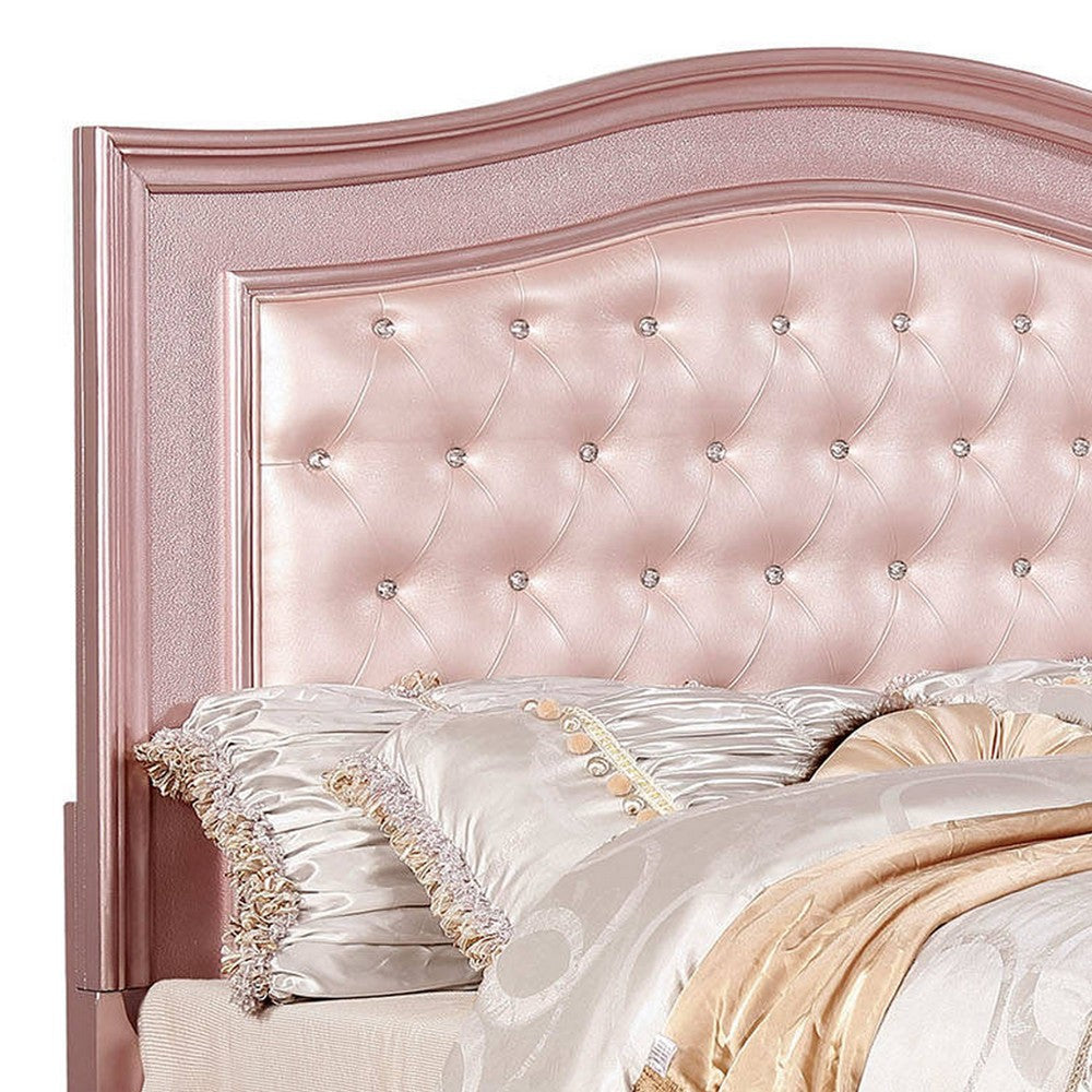Benjara Twin Size Wooden Bed With Mirror Trim Details And Camelback Headboard, Pink