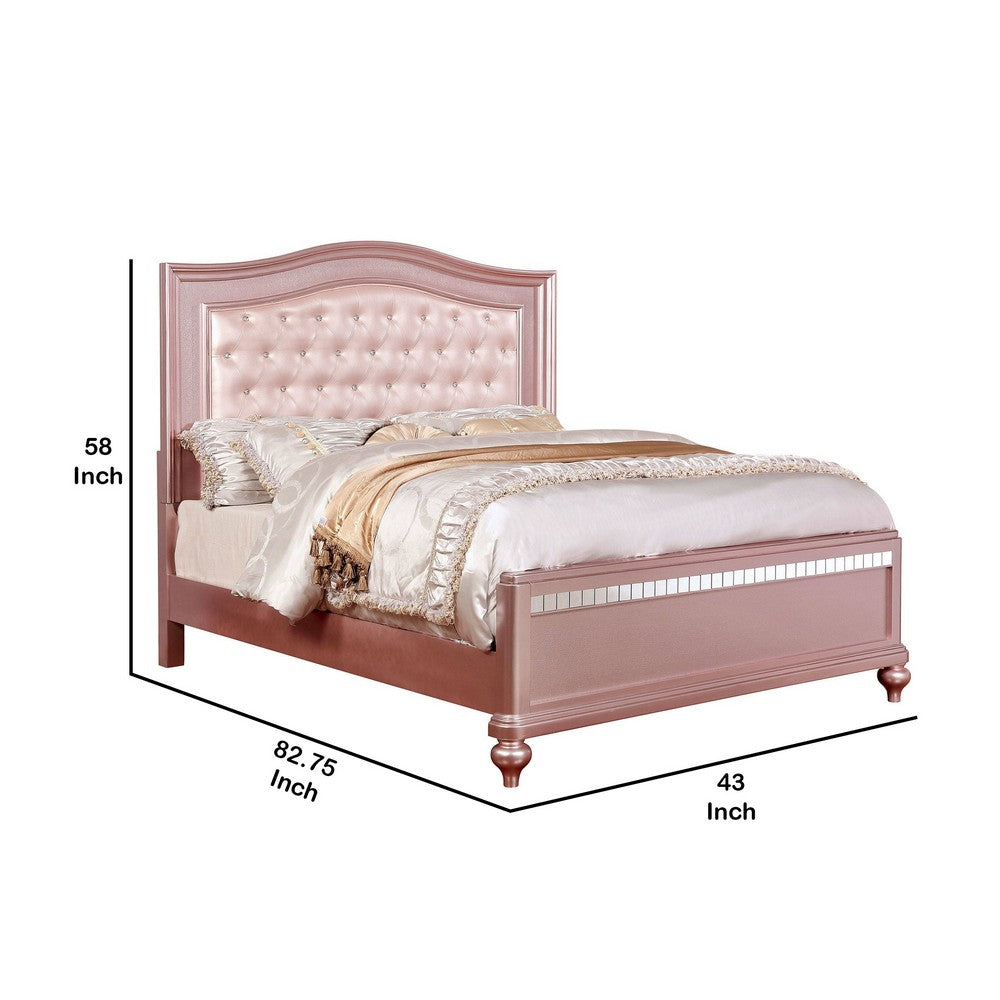 Benjara Twin Size Wooden Bed With Mirror Trim Details And Camelback Headboard, Pink