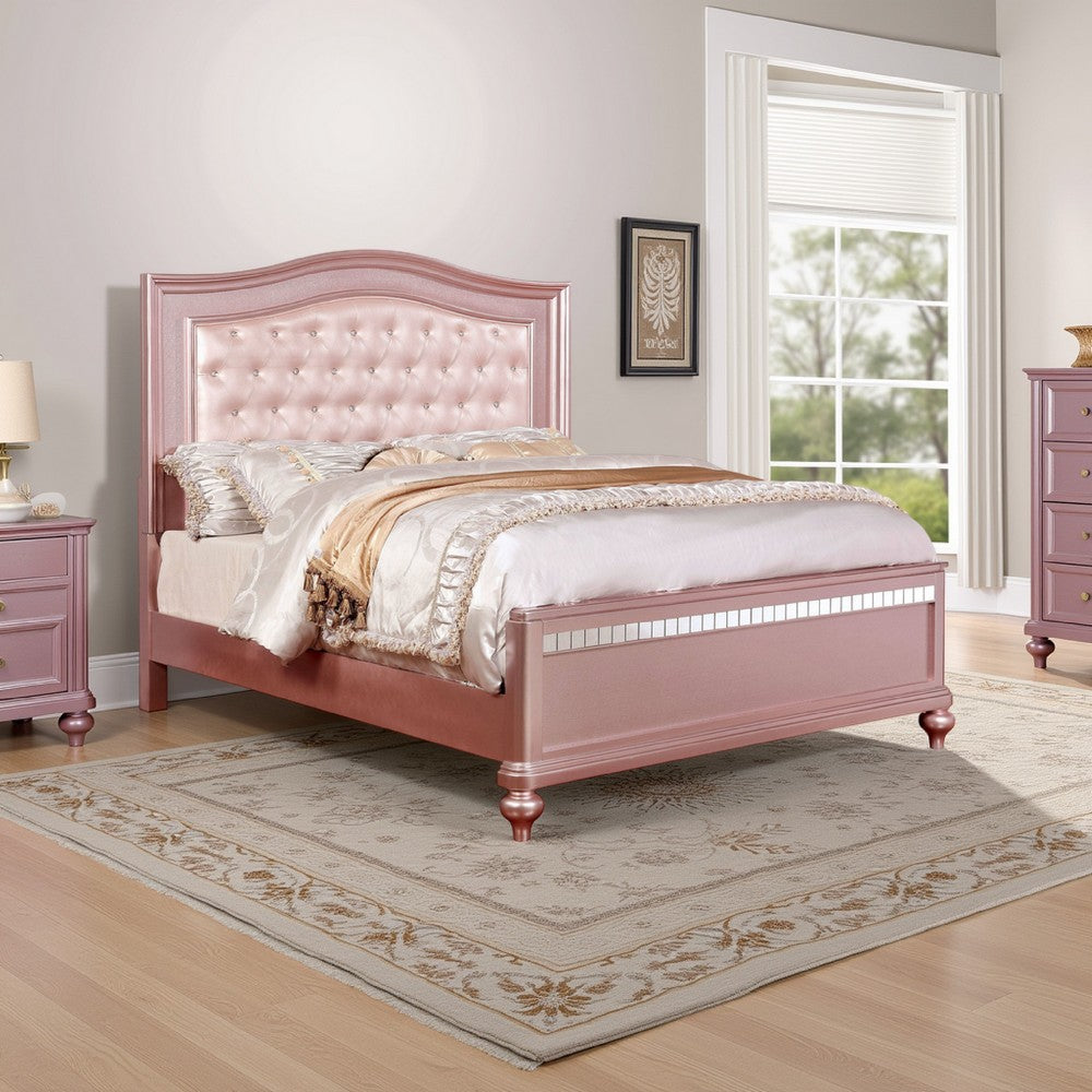 Benjara Twin Size Wooden Bed With Mirror Trim Details And Camelback Headboard, Pink