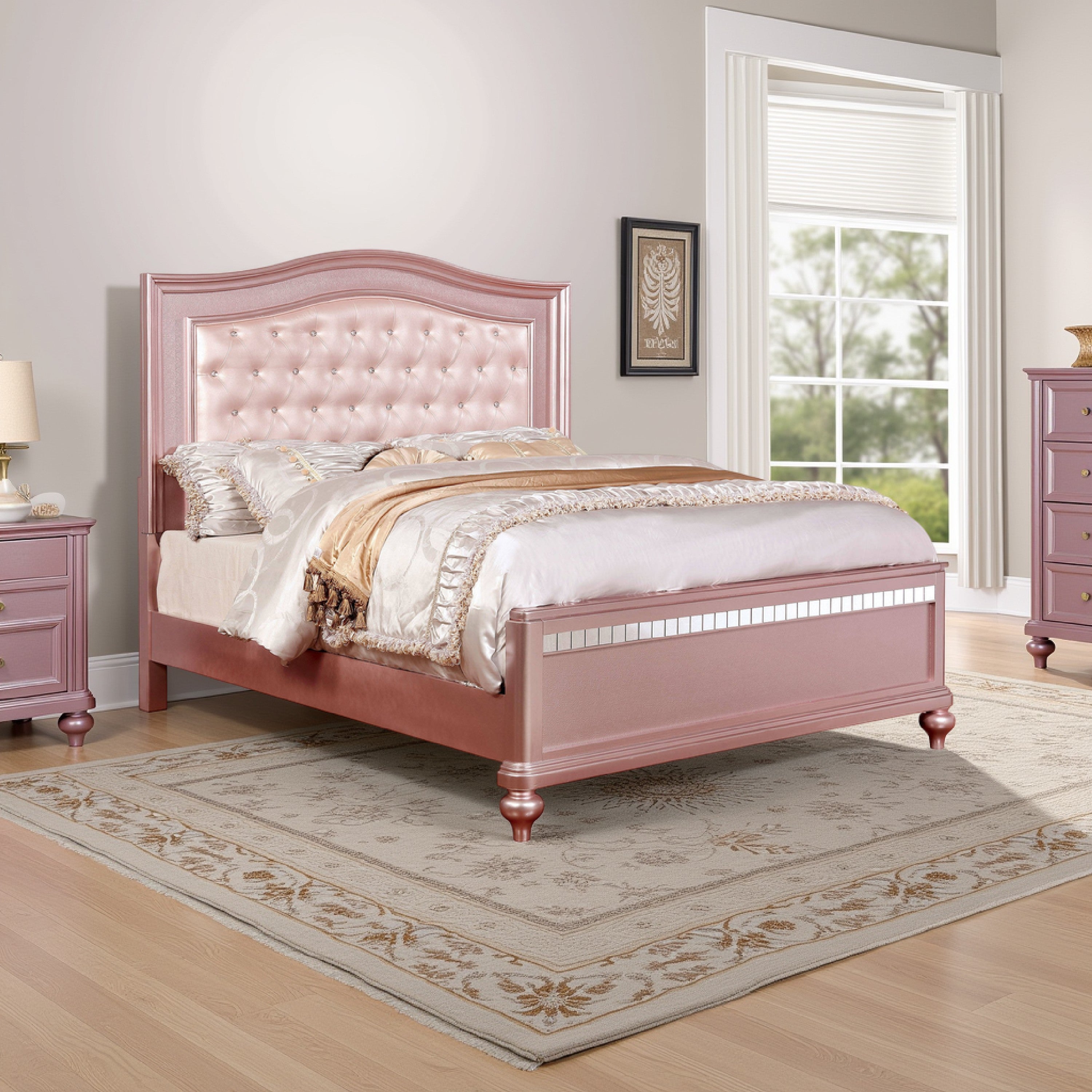 Benjara Twin Size Wooden Bed With Mirror Trim Details And Camelback Headboard, Pink