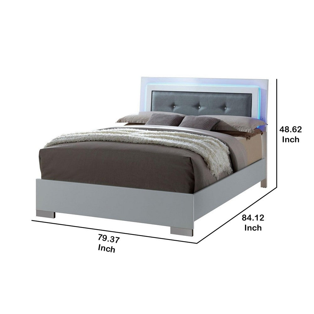 Benjara Wooden Eastern King Bed with Leatherette Headboard, White And Black