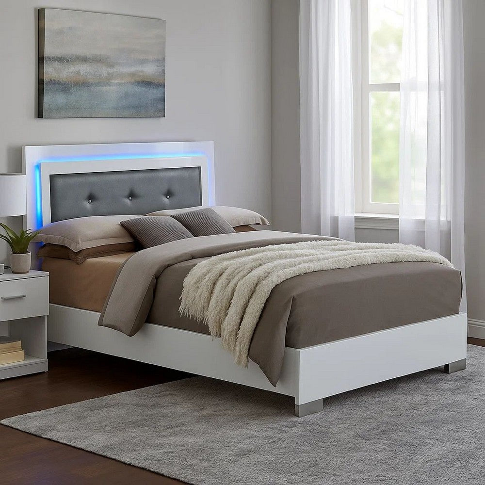 Benjara Wooden Eastern King Bed with Leatherette Headboard, White And Black