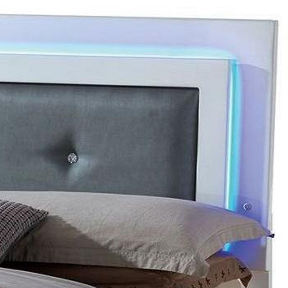 Benjara Wooden Queen Bed with Leatherette Headboard And LED trims, White And Black