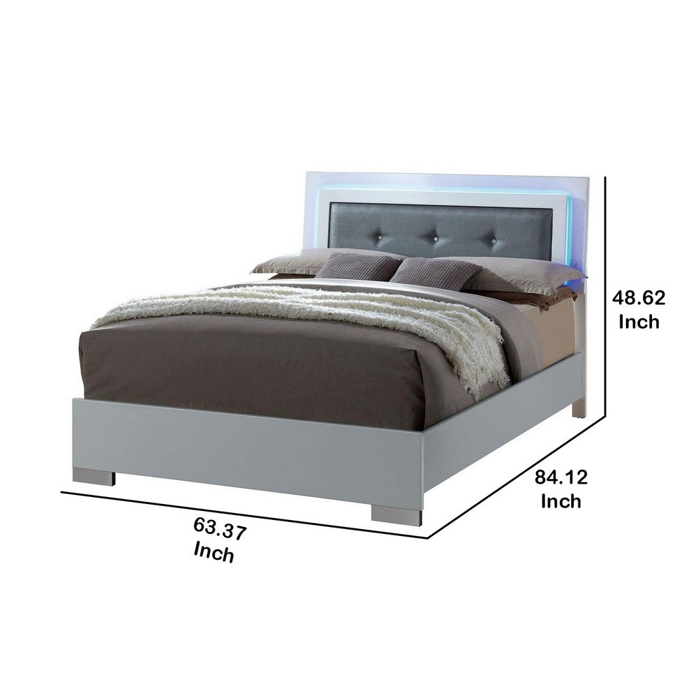 Benjara Wooden Queen Bed with Leatherette Headboard And LED trims, White And Black
