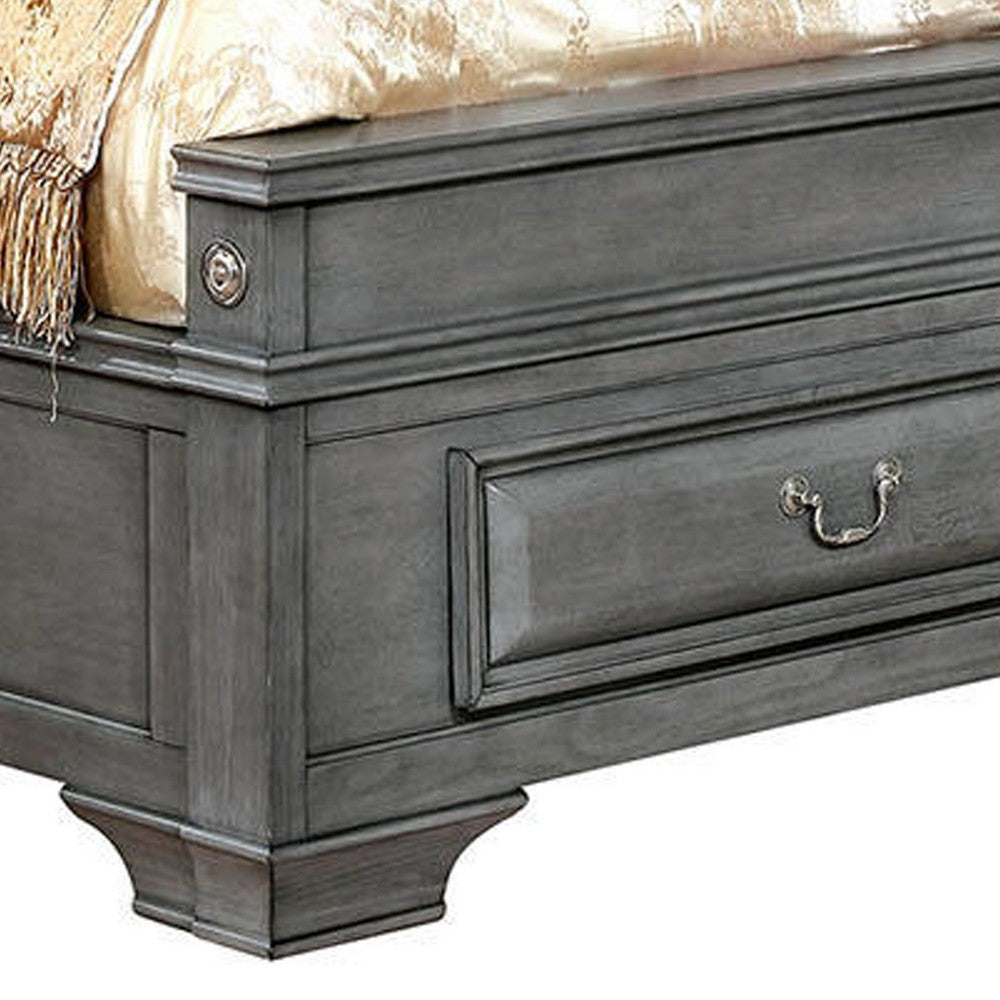 Benjara Transitional California King Wooden Bed with Multiple Bottom Drawers, Gray