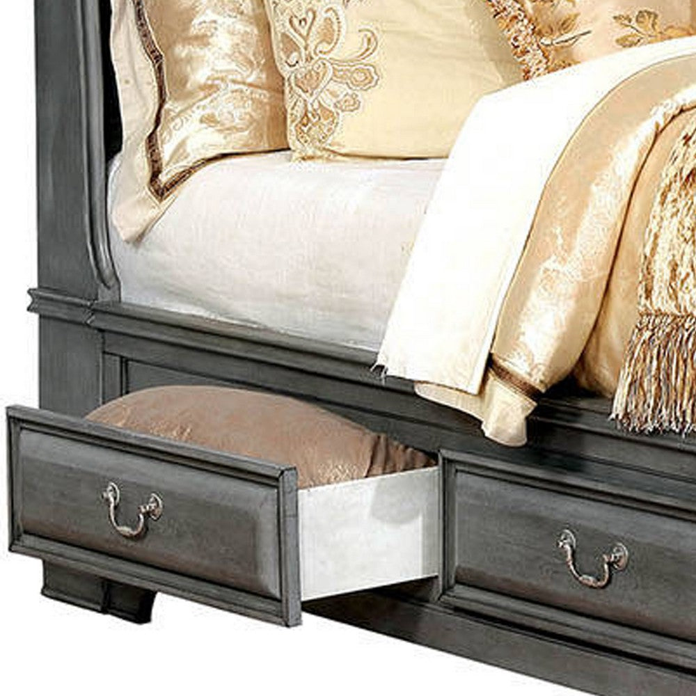 Benjara Transitional California King Wooden Bed with Multiple Bottom Drawers, Gray