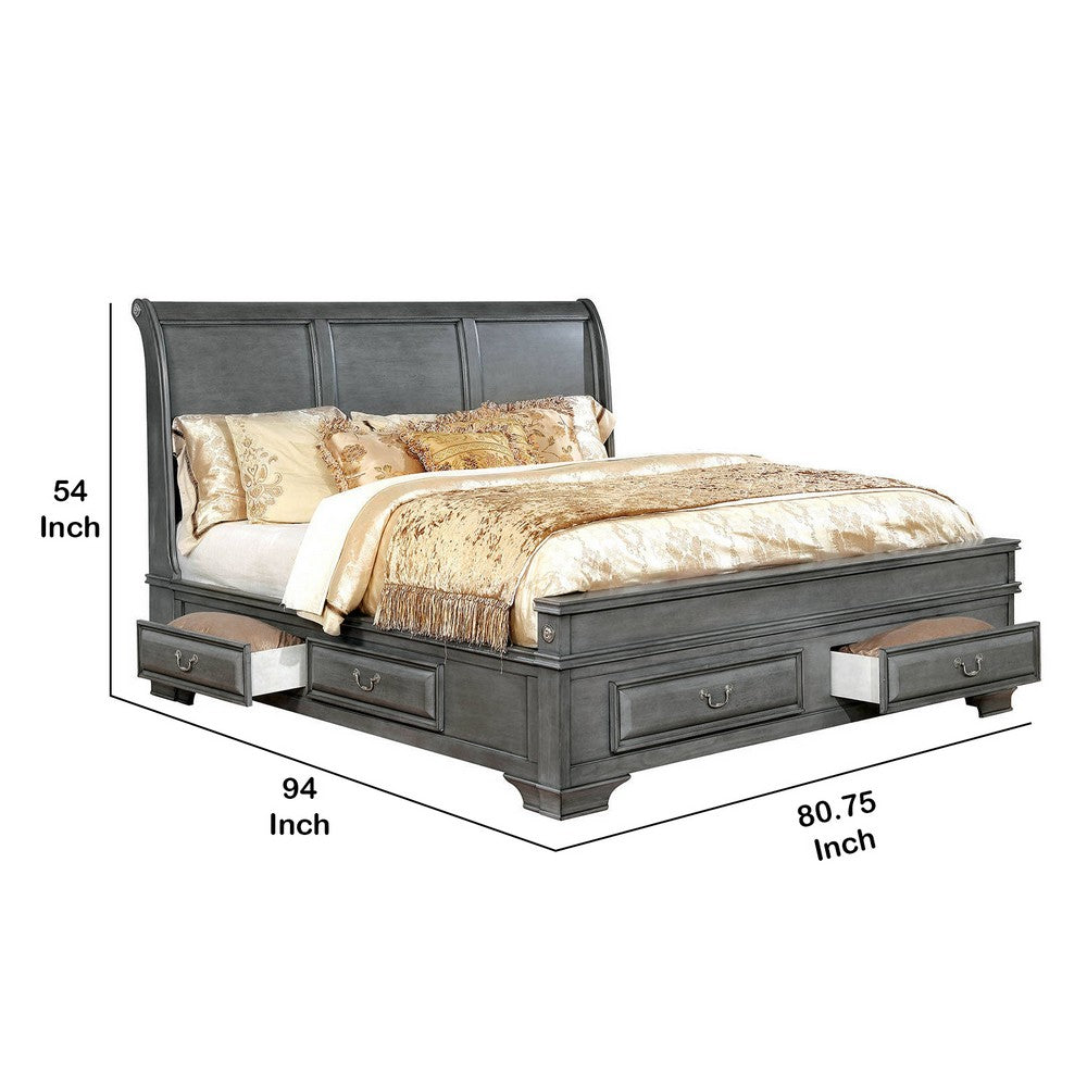 Benjara Transitional California King Wooden Bed with Multiple Bottom Drawers, Gray