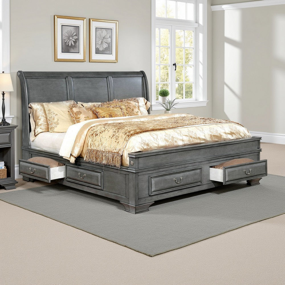 Benjara Transitional California King Wooden Bed with Multiple Bottom Drawers, Gray