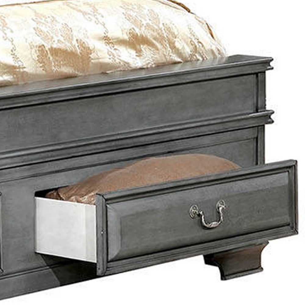 Benjara Transitional Eastern King Wooden Bed with Multiple Bottom Drawers, Gray