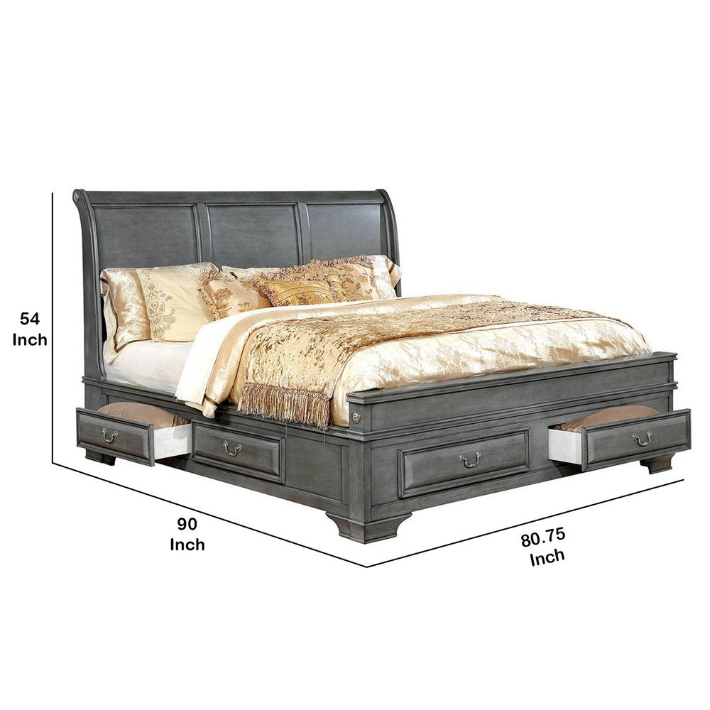 Benjara Transitional Eastern King Wooden Bed with Multiple Bottom Drawers, Gray