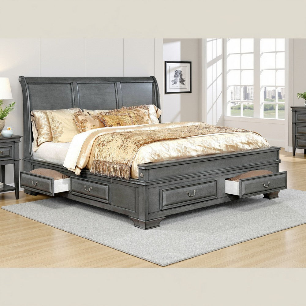 Benjara Transitional Eastern King Wooden Bed with Multiple Bottom Drawers, Gray