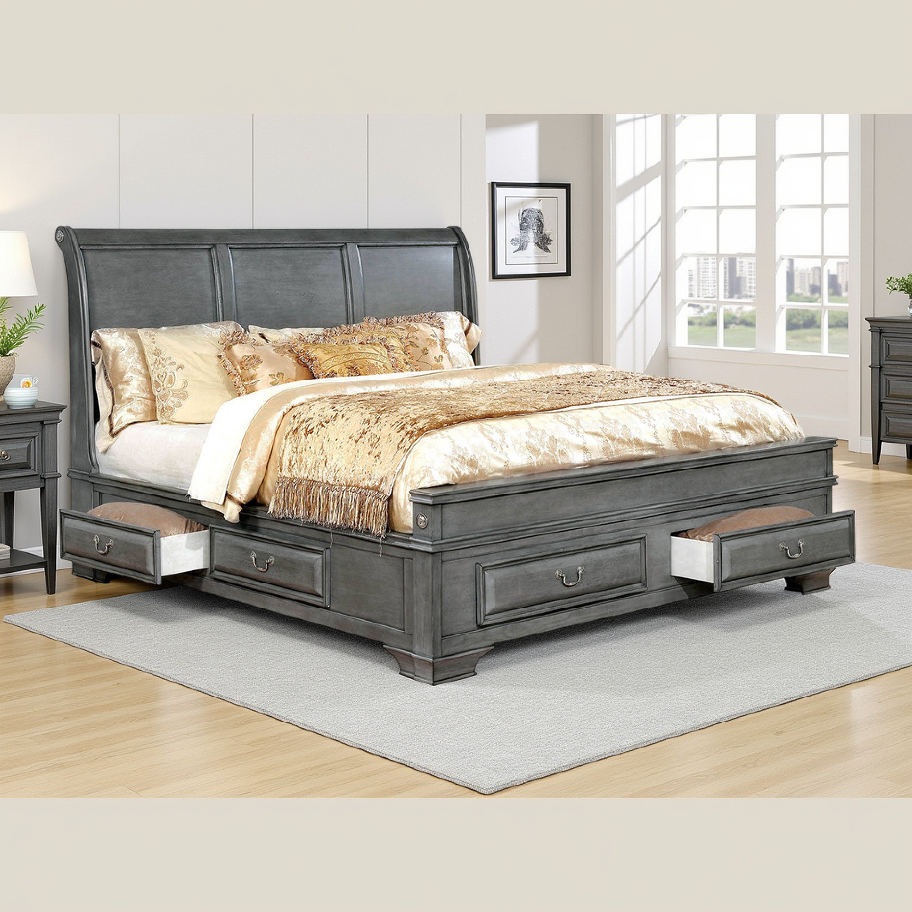 Benjara Transitional Eastern King Wooden Bed with Multiple Bottom Drawers, Gray