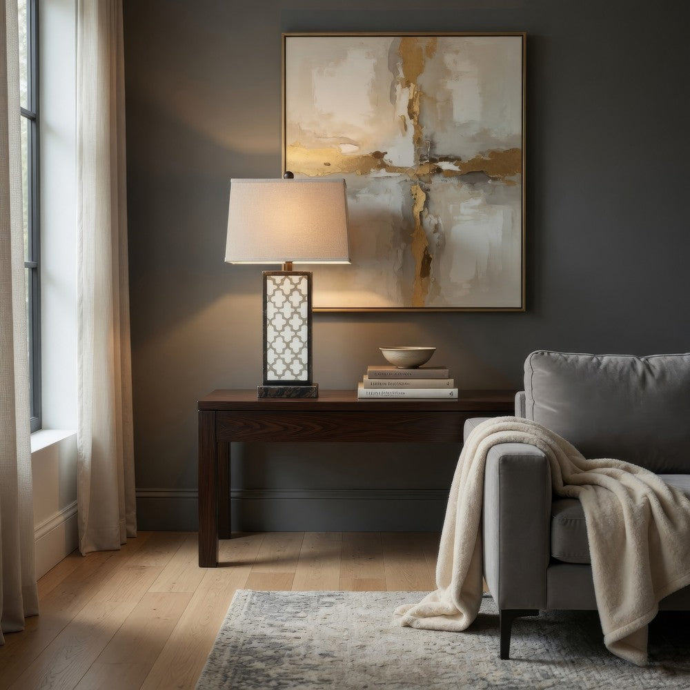 Benjara Rock Base Table Lamp Set of 2 with Drum Shade And Quatrefoil Pattern,Brown