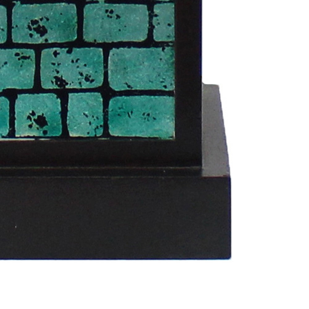 Benjara Rectangular Metal Frame Table Lamp Set of 2 with Brick Pattern, White And Blue