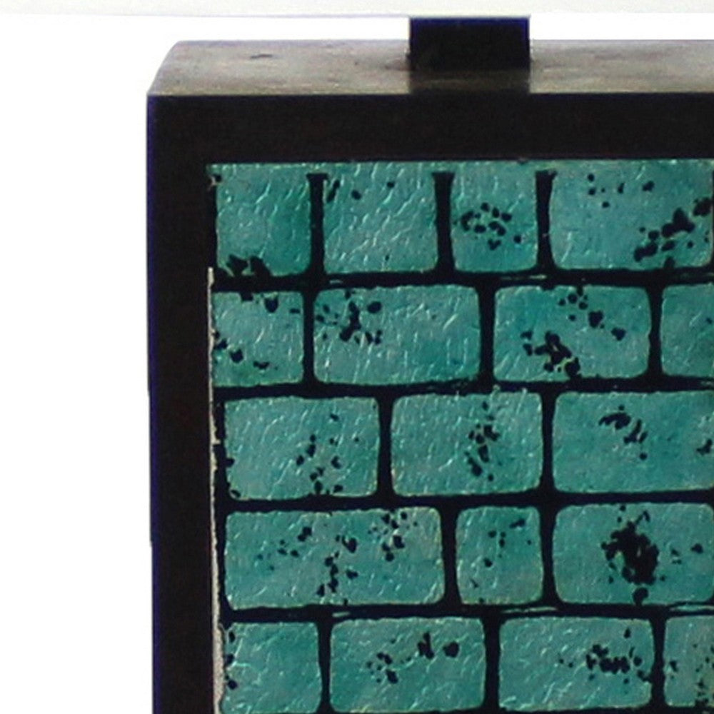 Benjara Rectangular Metal Frame Table Lamp Set of 2 with Brick Pattern, White And Blue