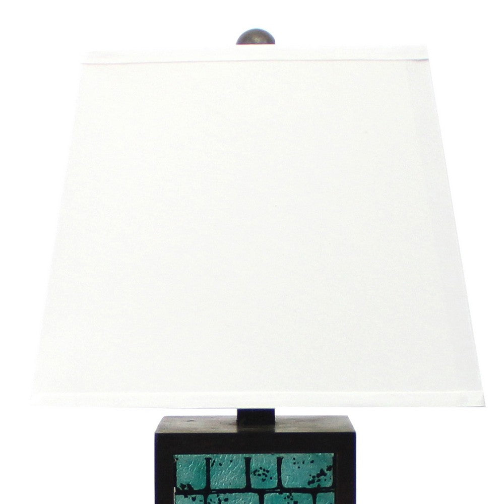 Benjara Rectangular Metal Frame Table Lamp Set of 2 with Brick Pattern, White And Blue