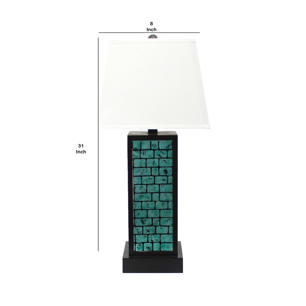 Benjara Rectangular Metal Frame Table Lamp Set of 2 with Brick Pattern, White And Blue
