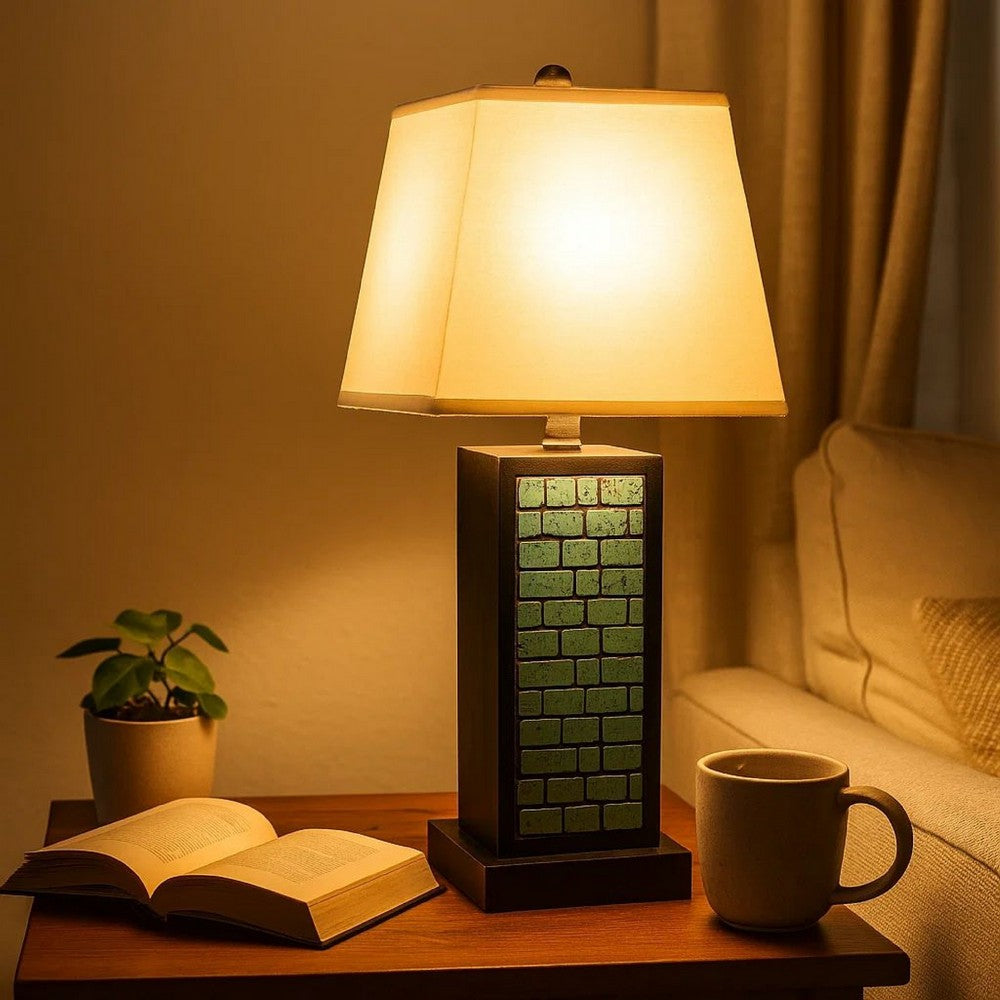 Benjara Rectangular Metal Frame Table Lamp Set of 2 with Brick Pattern, White And Blue