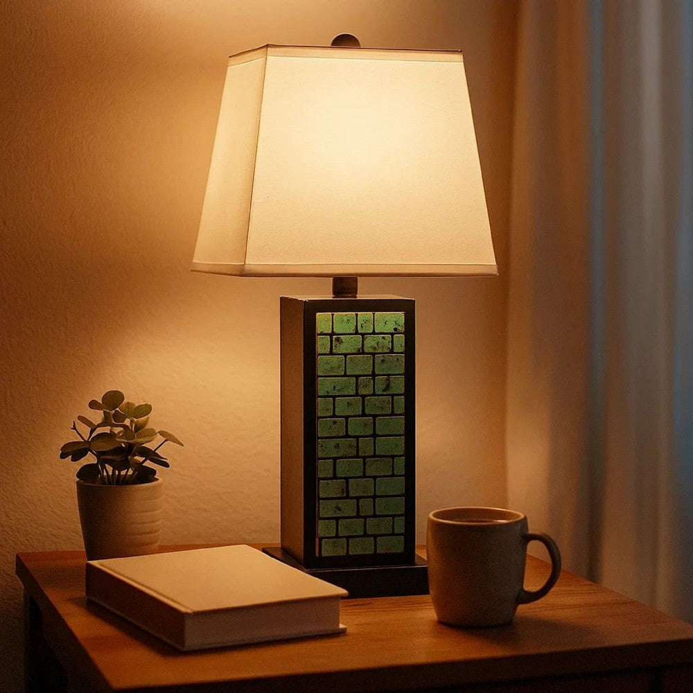 Benjara Rectangular Metal Frame Table Lamp Set of 2 with Brick Pattern, White And Blue