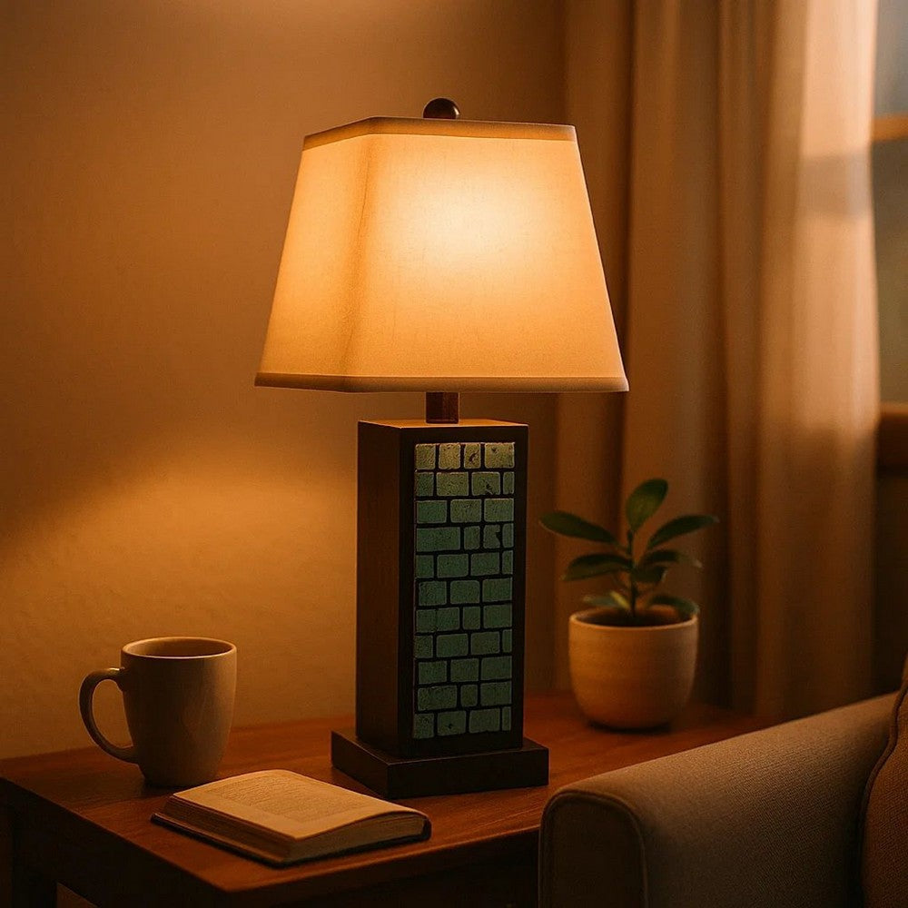 Benjara Rectangular Metal Frame Table Lamp Set of 2 with Brick Pattern, White And Blue
