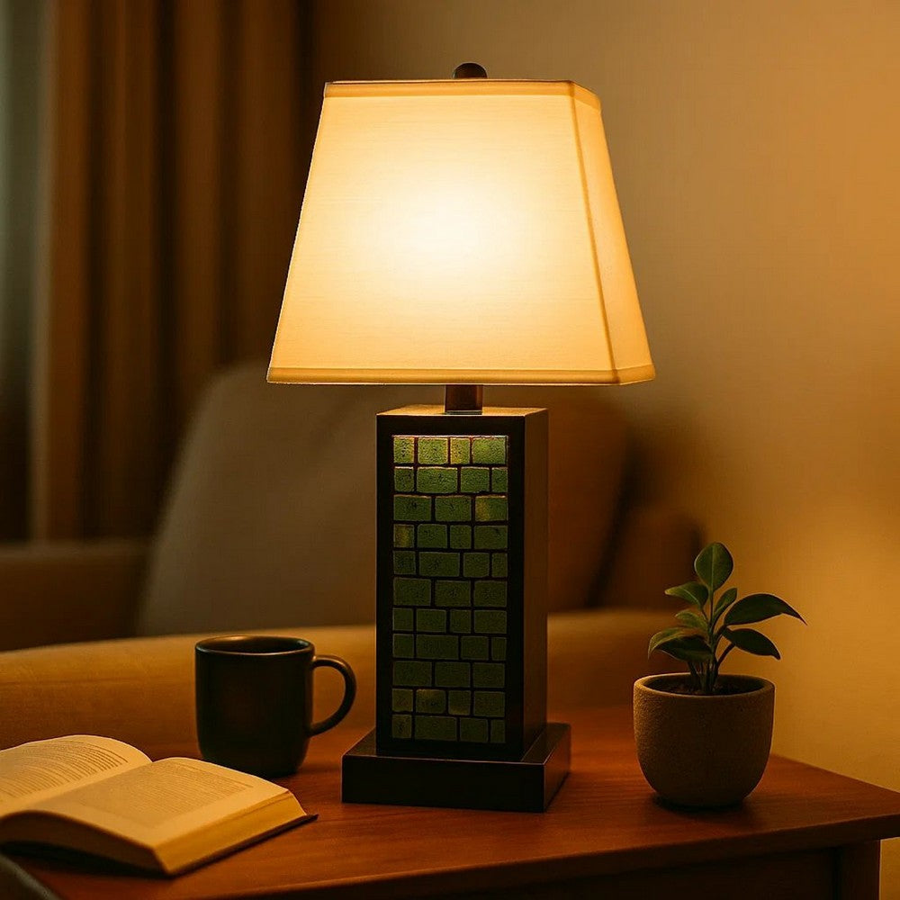 Benjara Rectangular Metal Frame Table Lamp Set of 2 with Brick Pattern, White And Blue