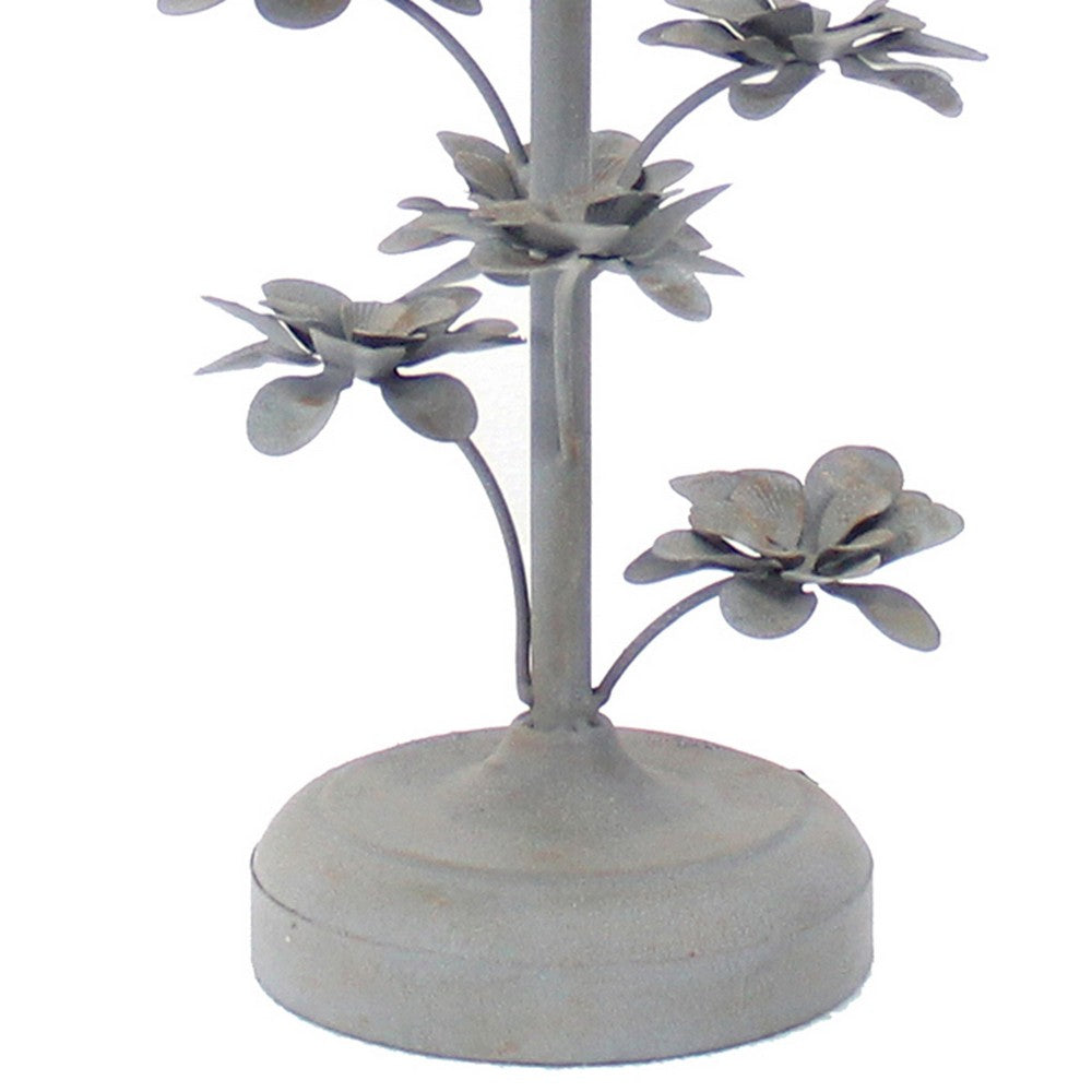 Benjara Flower Tree Design Metal Table Lamp Set of 2 with Tapered Drum Shade, Gray And Beige