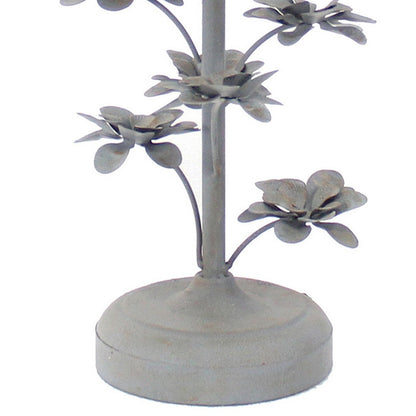 Benjara Flower Tree Design Metal Table Lamp Set of 2 with Tapered Drum Shade, Gray And Beige
