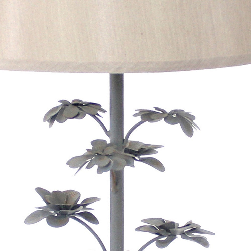 Benjara Flower Tree Design Metal Table Lamp Set of 2 with Tapered Drum Shade, Gray And Beige