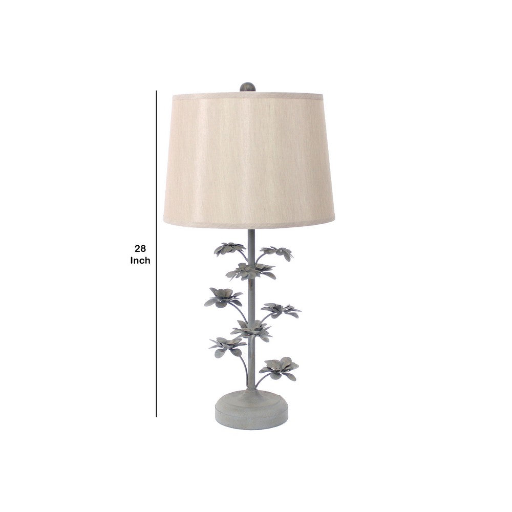 Benjara Flower Tree Design Metal Table Lamp Set of 2 with Tapered Drum Shade, Gray And Beige