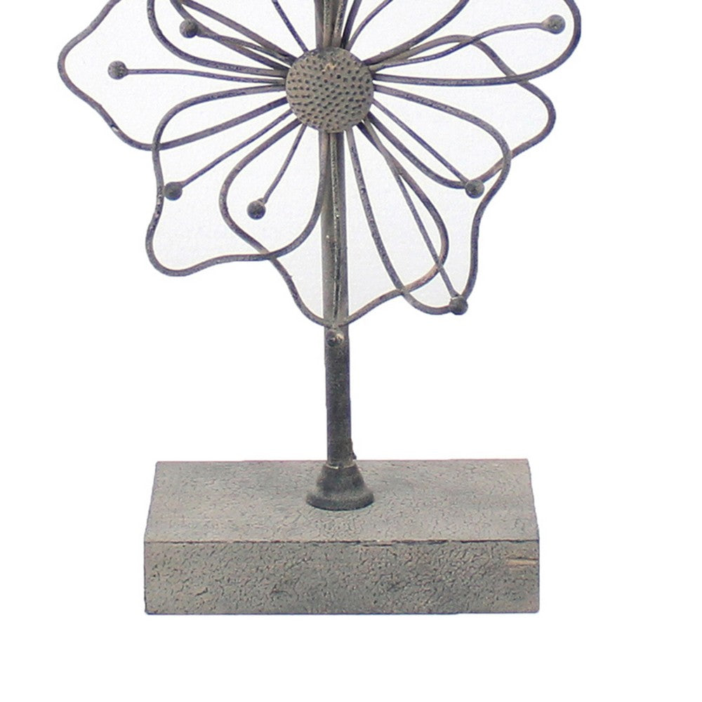 Benjara Metal Table Lamp Set of 2 with Flower Accent And Block Base,Beige And Gray