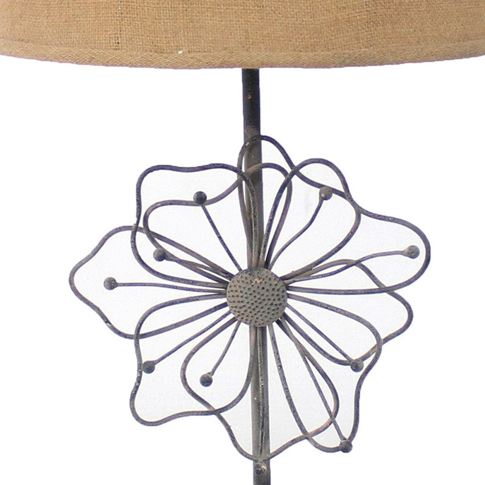 Benjara Metal Table Lamp Set of 2 with Flower Accent And Block Base,Beige And Gray