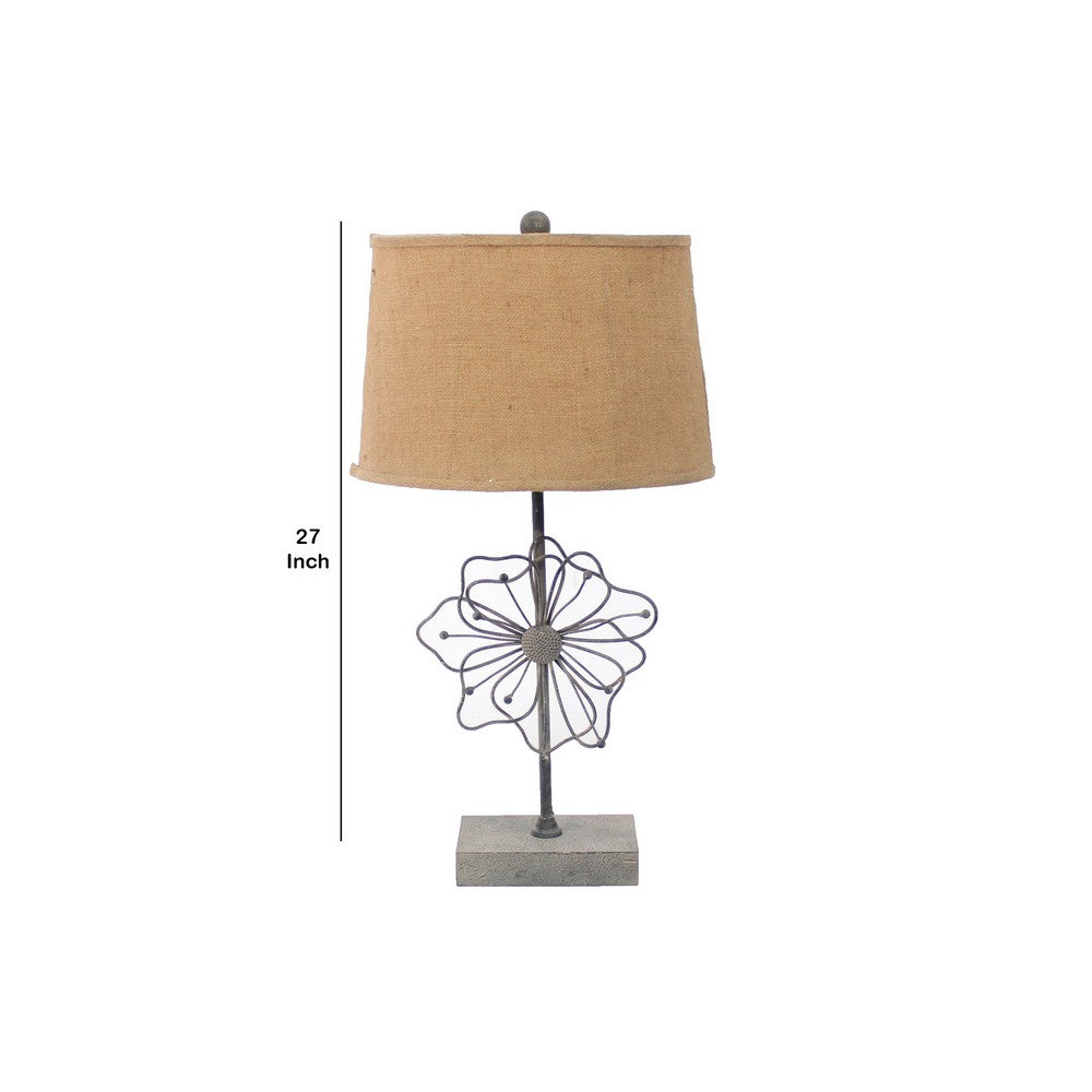 Benjara Metal Table Lamp Set of 2 with Flower Accent And Block Base,Beige And Gray