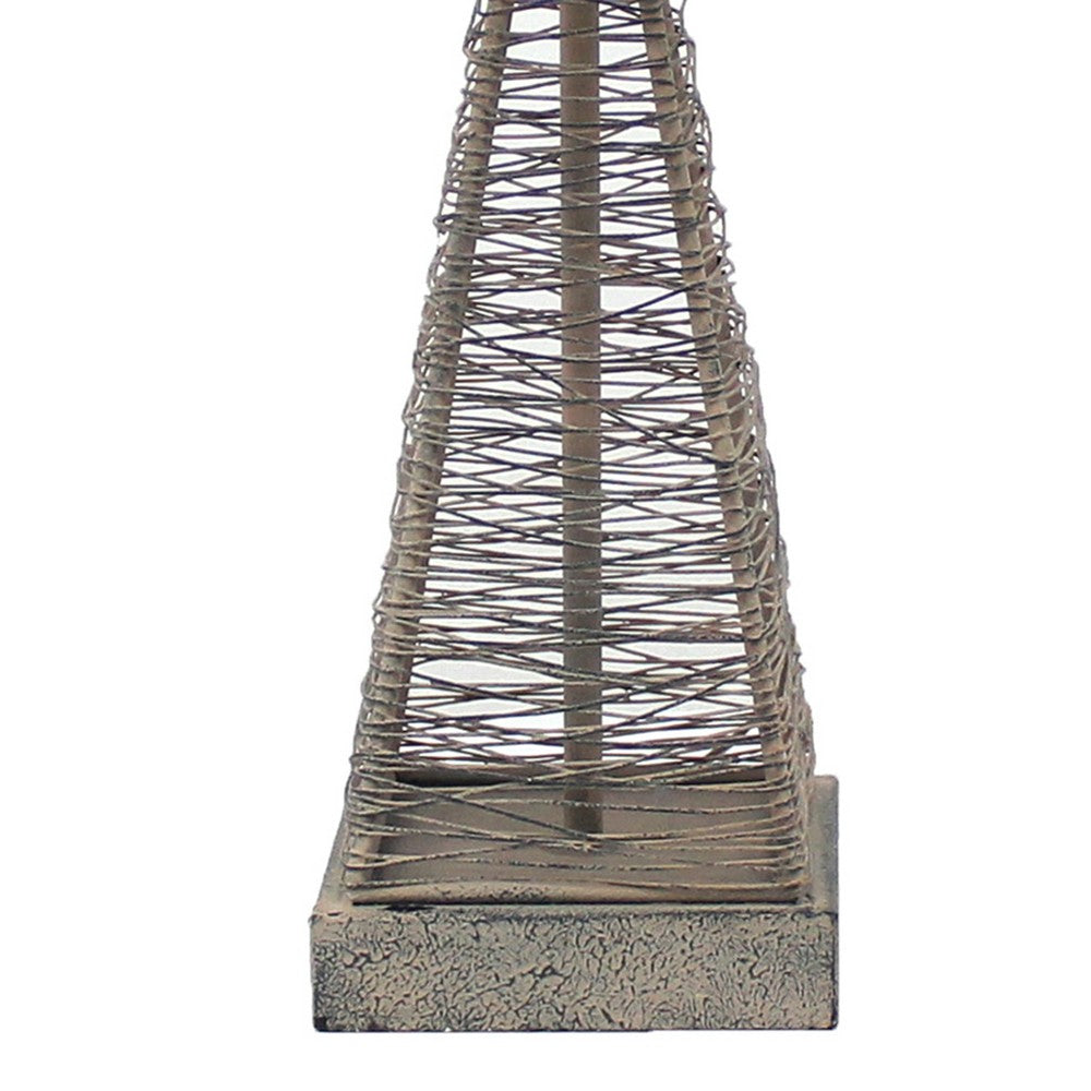 Benjara Metal Pyramid Base Table Lamp Set of 2 with Wire Design And Scripted Shade, Gray