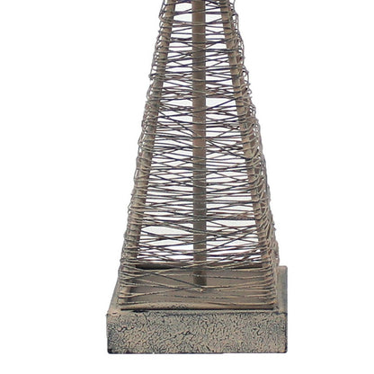 Benjara Metal Pyramid Base Table Lamp Set of 2 with Wire Design And Scripted Shade, Gray
