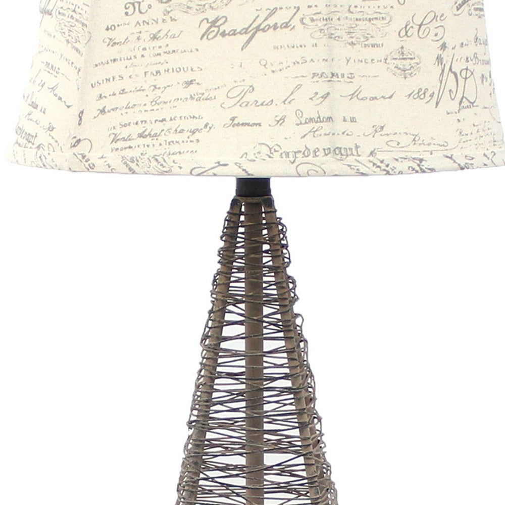 Benjara Metal Pyramid Base Table Lamp Set of 2 with Wire Design And Scripted Shade, Gray