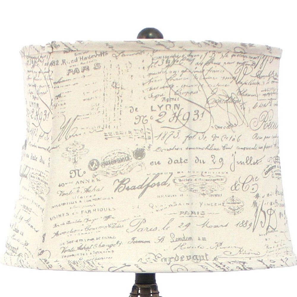 Benjara Metal Pyramid Base Table Lamp Set of 2 with Wire Design And Scripted Shade, Gray